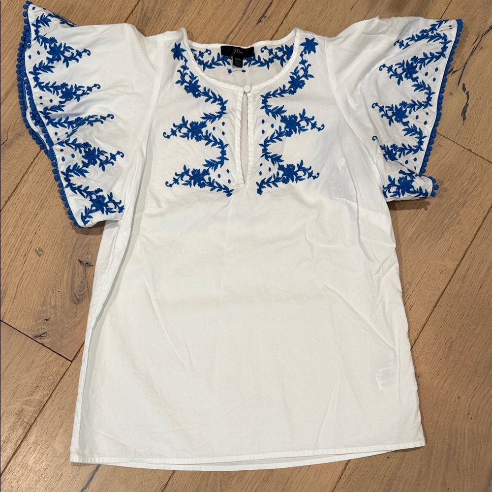 J. Crew White Blouse with Cobalt Embroidery